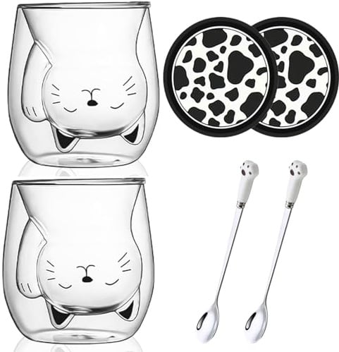 Arawat 2 Set Katzen Tasse Glas Doppelwandige Gläser mit Henkel Katze Geschenk für Frauen Kaffeetasse mit Löffel & Untersetzer Kaffeebecher Tassen Trinkgläser Katze Gläser Teetasse Espressotassen