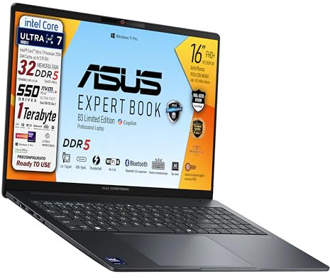 ASUS Notebook B3, Intel Ultra7 255H, Ram DDR5 32Gb, SSD Pci 1Tb, (2x512Gb) Display Ips 16 WUXGA, Intel Arc 140T 16Gb, Wi-FI 6, 2 Usb-C, lan Rj45, Tastiera retroilluminata, fingerprint, Ready to use