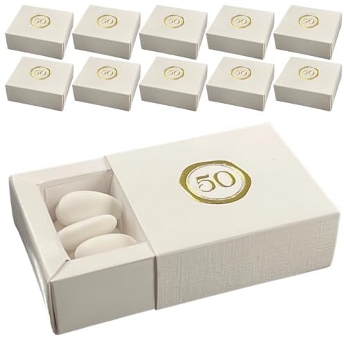 Regalami.Shop 10 scatoline con Stampa in Oro per bomboniera Cinquantesimo Anniversario, scatolina segnaposto, portaconfetti (s50)