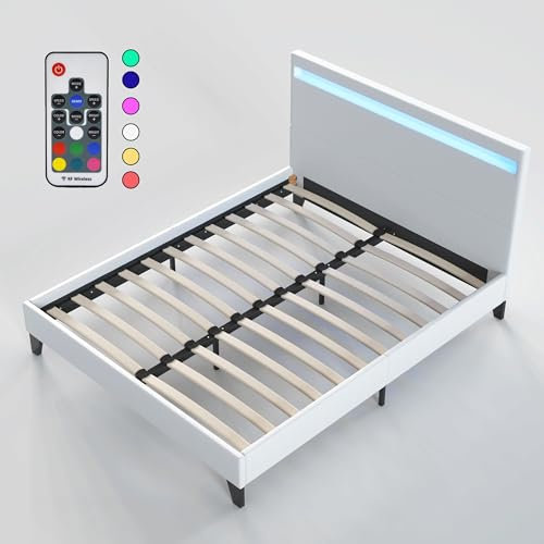 NOVEMBER- Lit avec sommier & Tête de lit LED - 120 x 190cm - Revêtement synthétique Blanc - Stable et Robuste avec Pieds centraux de Renfort