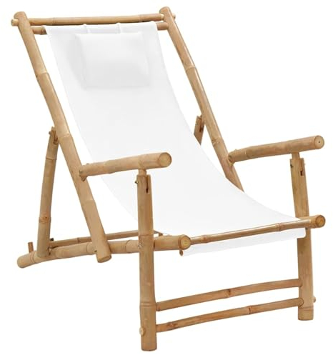 Chaduof Liegestuhl, Gartenliege, Sonnenliege, Relaxliege, Deckchair, Terrassenstühle, Beach Chair, Saunaliege, Bambus und Canvas Cremeweiß