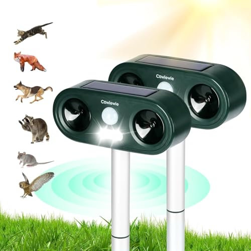 Cowiewie 2pcs Répulsif Chat Extérieur Ultrason et Flash LED, Recharge Solaire et USB, Étanche Repulsif Chat pour Jardins, Champs - Facile à Installer