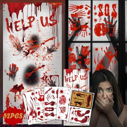 Decoración de Halloween: Imágenes de Terror para Ventanas, Huellas de Manos Escalofriantes, Pegatinas Sangrientas Reutilizables