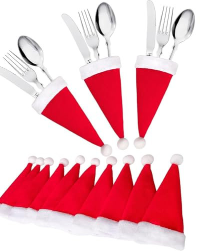 EIHI 15 Piezas Navidad Titulares de Cubiertos, Porta Cubiertos Navideños Bolsas, Cubiertos de Rojo de Navidad Decoración, Bolsita para Cubiertos de Navidad para Decorar Mesa(sombrero de santa)