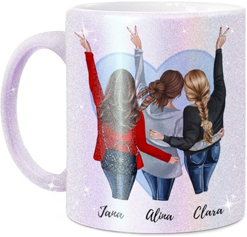 Tassenliebling® - Personalisierte Glitzer Tasse (3 Freundinnen) mit Spruch selbst gestalten, individuelles Geschenk für beste Freundin, BFF, Kollegin & Arbeitskollegin - Perlmutt