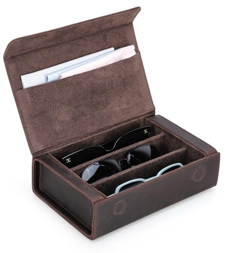 Contacts Caja de almacenamiento de gafas de cuero para hombres/mujeres, 2/3/4/6/8, estuche de viaje, organizador de gafas con forro de microfibra y ranura para paño de limpieza, Café-3, Taille unique