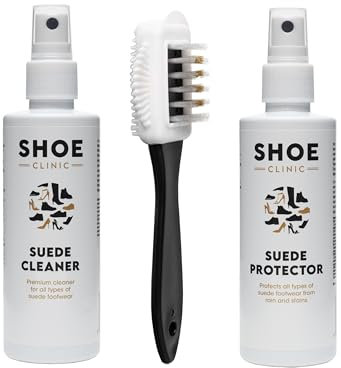 Shoe Care kit comprising of a bottle of 125ml Shoe Cleaner, a bottle of 125ml Shoe Protector and a 4-sided cleaning Brush