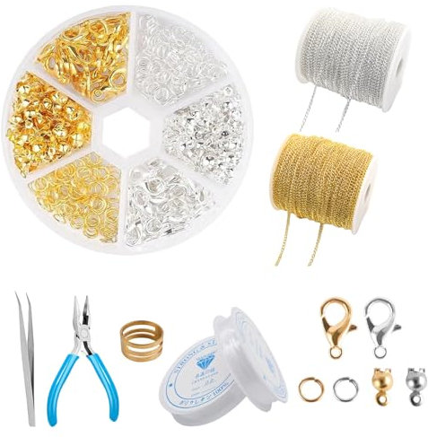 340 pcs chiusure per braccialetti,chiusure per collane,ciondoli per collane fai da te,gancio per chiusura a moschettone con pinza e pinzetta, 2 rotoli di cordoncino per collana,kit per gioielli