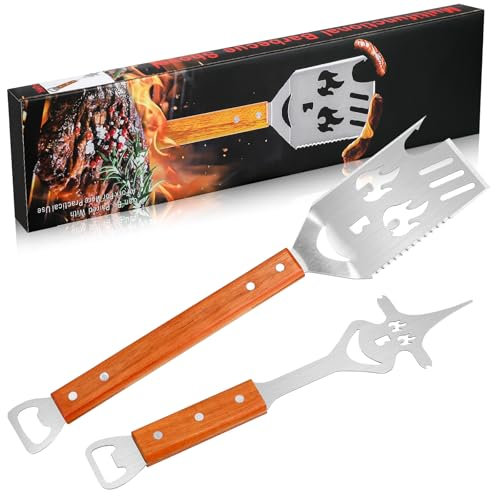 2 Stück Grillbesteck - 5 in 1 Multifunktionaler Grillspachtel Edelstahl, 5 in 1 Multifunktionaler Grillgabel Edelstahl - für Grillgeschenke Grillfans