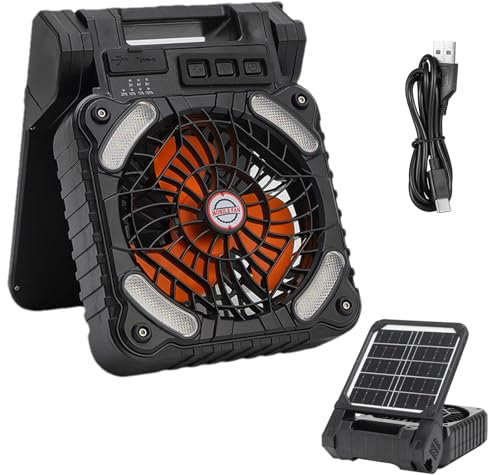 Ventiladores solares para exteriores, extractor solar, temporizador de linterna LED, 4 ajustes de velocidad, portátil, recargable, para playa, picnic, jardinería