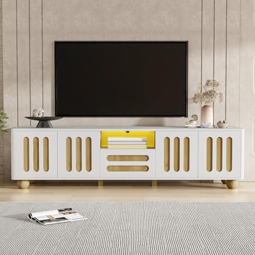 LERFAN Meuble TV moderne 180 x 40 x 47 cm blanc et aspect bois avec 4 portes, 1 tiroir et lumière, coins arrondis, pieds sphériques, espace de rangement polyvalent