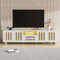 LERFAN Meuble TV moderne 180 x 40 x 47 cm blanc et aspect bois avec 4 portes, 1 tiroir et lumière, coins arrondis, pieds sphériques, espace de rangement polyvalent