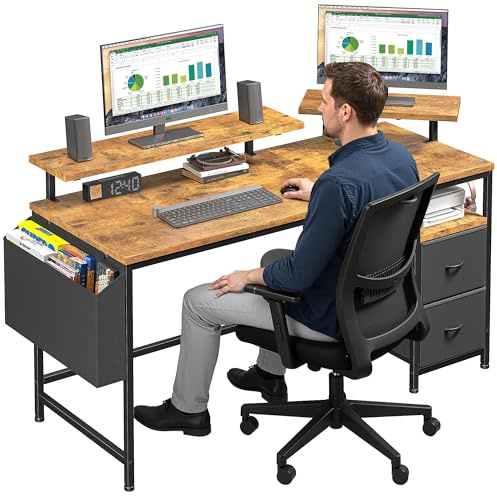 Cliporix 120cm Small Computer Desk with Dual Monitor Stands - Reversible Sturdy Gaming Desk, Corner Table with Drawers & Spacious Storage for Small Spaces, Modern Study Writing Table