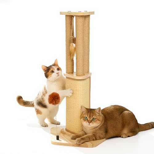 Pawtasy Kratzsäule 67cm Natur-Sisal Kleiner Kratzbaum für Katzen | Stabiler Kratzstamm, mit Plüschball und Feder-Spielzeug, modernes Design, kratzfest und langlebig, für Indoor Katzen