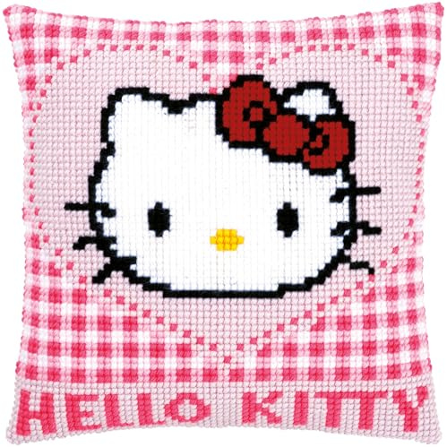 Vervaco Kreuzstich Stickpackungen Kissen Stickerei Set Anfänger Vorgedruckt Hello Kitty in einem Herz DIY Set Kreativ Set Für Erwachseneca. 40 x 40 cm Bastelset Handwerker Haus Dekoration