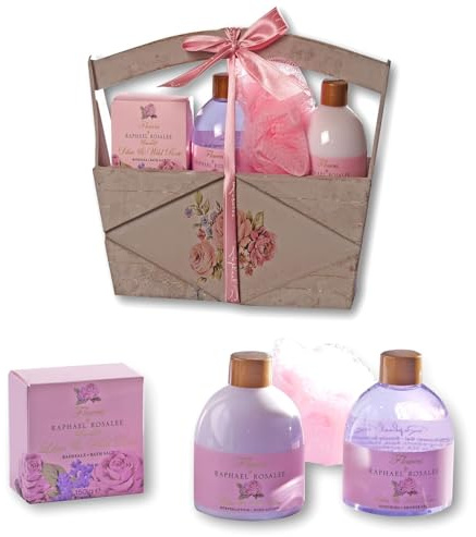 RAPHAEL ROSALEE COSMETICS Bade- und Pflegeset Flowers No. 088 (5-teilig) mit Wildrose – Bade-Geschenkset mit Badesalz, Seife, Geschenkkorb uvm.