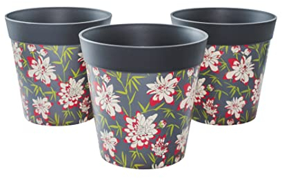 Hum Flowerpots, 15cm Set of 3, Various Patterns Colours and Sizes, Indoor/Outdoor Plastic Plant Pots, Grey Floral