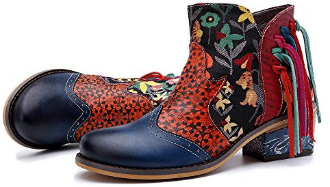 CrazycatZ Women's Ankle Leather Boots Hand Painted Color Splicing Pattern Blue B, Size 9 UK