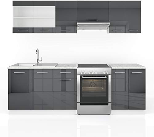 Vicco cucina componibile Raul, Antracite lucido/Bianco, 240 cm, PL Marmo