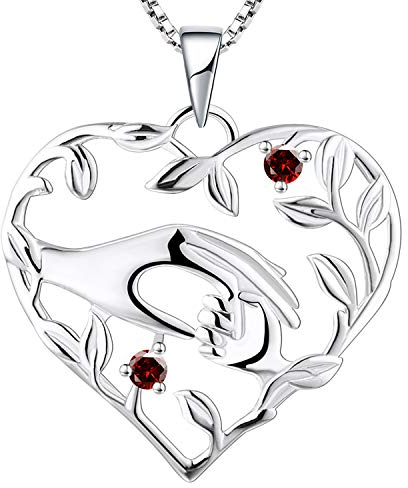 YL Mama Kette 925 Sterling Silber Januar Geburtsstein Granat Mutter halten Kinderhand Anhänger Halskette Geschenke für Mama