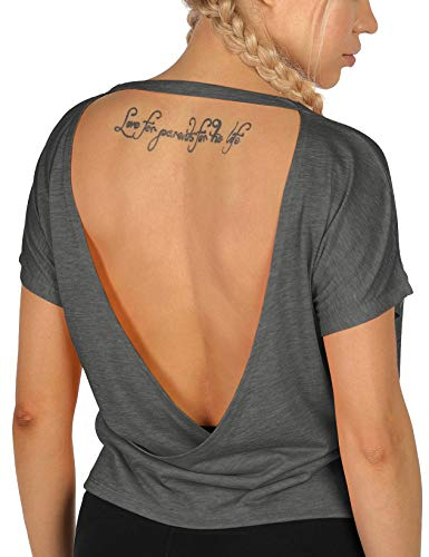 icyzone Damen Sport T-Shirt Rückenfrei Kurzarm Shirt Loose Casual Oberteile Yoga Top (L, Dunkelgrau)