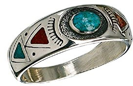 Indianerschmuck Ring Türkis Koralle Chip Inlay Westernschmuck Indianerring Navajo Style Silver Fox Folkloreschmuck (69 (22.0))