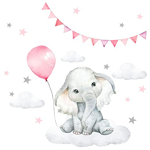 Little Deco Wandtattoo Kinderzimmer Mädchen Wanddeko Wandsticker Baby Elefant mit Luftballon Sterne Safari Boho Wandbild selbstklebend für Kinder DL539-53