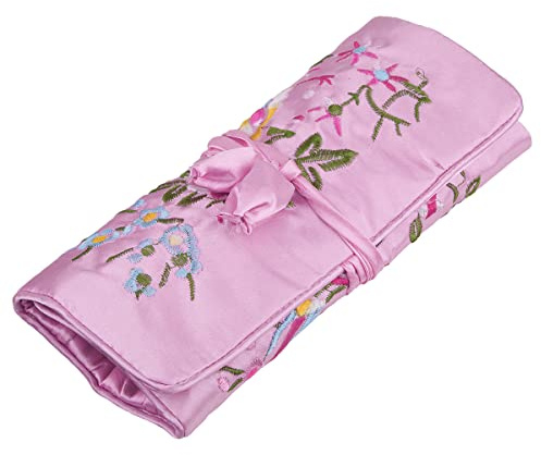 KYEYGWO Schmuckrolle mit Blumen-Vogel-Stickerei, Reise Schmuck Organizer | Chinesischer Stil Faltbare Tragbare Rollenbeutel, zum aufrollen weich, für Halsketten Ring Armband Aufbewahrung Tasche