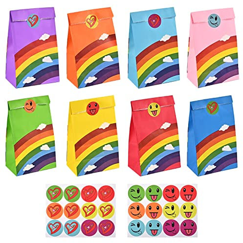 Feeona 20 Stück Geschenktüten aus Papier, Konfettitüten Regenbogenpapiertüten, mit 24 Herzen und Smileys-Aufklebern, für Kindergeburtstagsfeiern, Hochzeitsfeiern, Weihnachten (8 Farben)