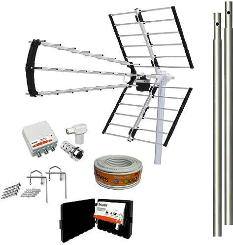 Kit Antena UHF 5G DAXIS 13DB + 2 MASTILES 1M + Amplificador 30dB 2 Salidas Conectores Y Garras