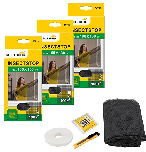 Schellenberg 3er Spar-Pack 50713 Fliegengitter für Fenster Insektenschutz und Mückenschutz inkl. Klebestreifen, ohne Bohren, 100 x 130 cm, anthrazit