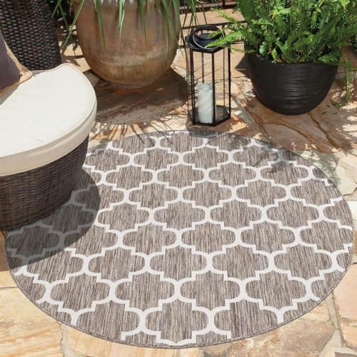 carpet city Teppich Outdoor Wetterfest - Beige - 200x200 cm Rund - Marokkanisch - Balkon Teppich Wasserabweisend - In-& Outdoor Teppiche für Terrasse, Garten, Küche, Bad oder Wohnzimmer