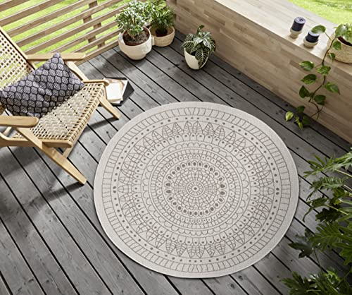 Hanse Home Northrugs Porto In- und Outdoor Teppich Rund – Runder Wendeteppich Wasserfest Mandala Design Flachgewebe Teppich Wetterfest für Balkon, Terrasse, Garten, Wohnzimmer in Linen, ⌀140cm