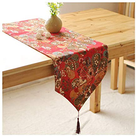 EHOMERY Mantel Infantil, Camino De Mesa Rojo para Mesa Pequeña Ventilador Vintage Caminos de Mesa Cotton and Linen 30x200CM