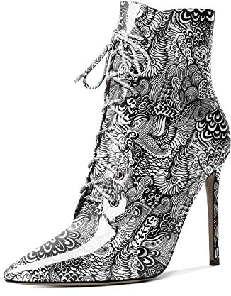 Mettesally Donna Tacco a Spillo Stivali da Combattimento, a Punta con Tacco Alto Stivali Corti alla Caviglia Sexy Scarpe da Ufficio Fiore Bianco EU43