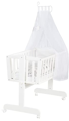 roba Babywiege 40 x 90 cm aus Holz - Fox & Bunny - Stubenwagen & Wiege mit Rollen - Bett Set komplett mit Feststellfunktion - Inkl. textiler Ausstattung - Holz weiß
