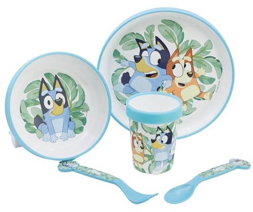 Set de vajilla infantil reutilizable antideslizante con base de silicona bicolor compuesto de plato, cuenco, vaso y cubiertos en caja de Bluey