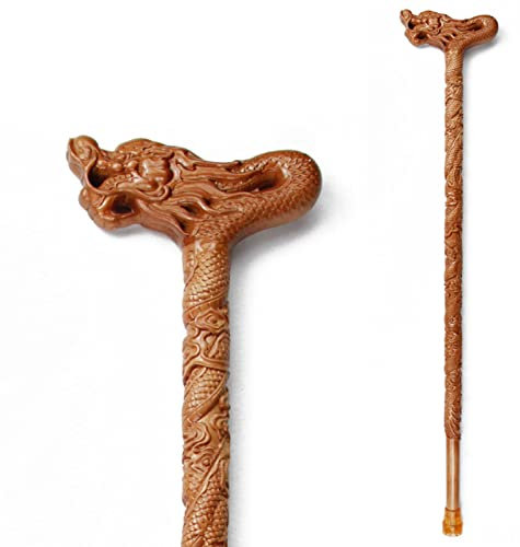 ZNEL Gehstock Aus Holz Mit Unterstützendem Griff, Exquisite Schnitzerei Drachenkopf Gehstöcke, Handgefertigte Geschnitzte Drachen Retro Spazierstock Für Männer Und Frauen