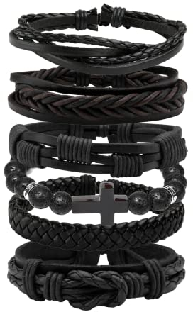 MILAKOO 6 Stk Geflochten Lederarmband Herren Lavastein Kreuzarmband Manschettenarmband Schwarz