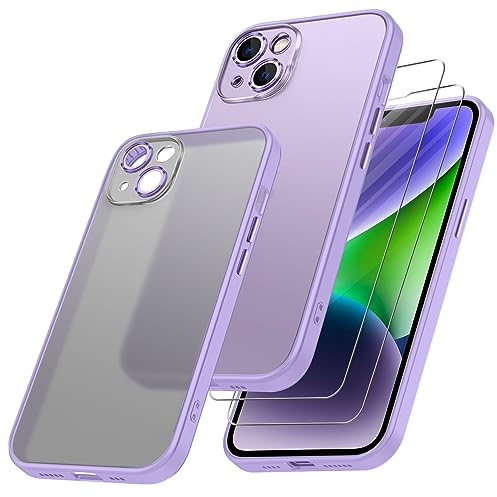 Qasyfanc Matt Handyhülle Kompatibel mit iPhone 14, Hülle mit Kameraschutz und 2 Stück Schutzfolie, Hard PC Nie Vergilbung Case Militärschutz Kratzfest rutschfest Schutzhülle, Leicht Klar Lila