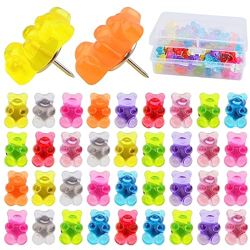 50 Stück bunte durchscheinende Gummibärchen-Reißzwecken aus Kunstharz, dekorative Reißzwecken mit einer Box für Zuhause, Büro, Pinnwand, Korktafel, hängende Poster