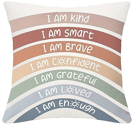 Bommex Inspirational Quote I Am Kind Smart Brave Confident Grateful Loved Enough Rainbow Cushion Covers Inspirational Gift for Kids Teens Adults Women Birthday Gift Graduation Gift (I am kind)