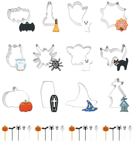 Lot de 12 Emporte Pièce Halloween et 20 Cupcake Topper, Moule à Biscuits en Acier Inoxydable, Fantôme Sorcière Chauve-Souris Araignée pour Décoration de Gâteau Pâtisserie Fondant