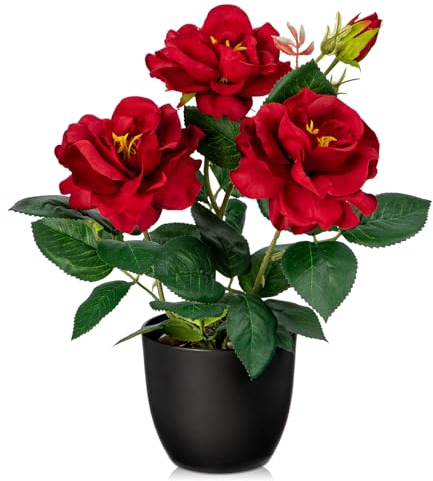 Briful 28CM Small Artifial Flowers Red Roses Artificial Flowers in Pot, Silk Roses Fake Flowers Spring Summer Decoration Artificial Roses Faux Flowers for Home Kitchen Decor