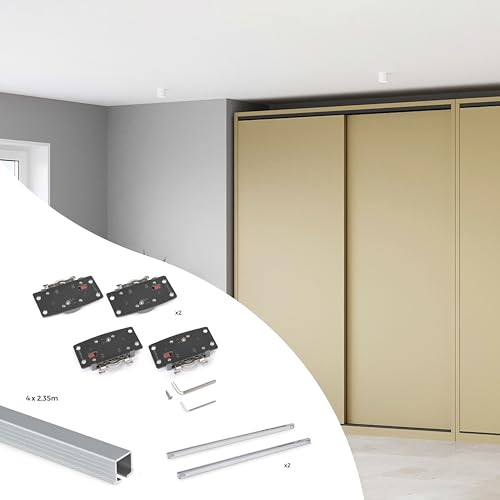 Emuca - Kit de herrajes para armario 2 puertas correderas y cierre suave Flow2 con carriles encastrados 2.35m, tableros no incluidos, Anodizado mate