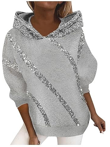 Komiseup Hoodie Damen Pailletten Sweatshirt mit Kapuze Sparkle Shimmer Kapuzepullover Einfarbige Pailletten Patchwork Oberteil Locker Langarmshirt Glitzer Festliche Sportshirt Gutschein Angebote