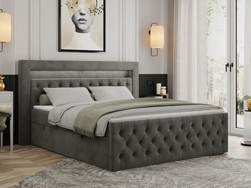 MKS MEBLE Boxspringbett 200x200 mit Led Grau Samt, Bett Polsterbett 200x200 mit LED Kopfteil, Multipocket Matratze H4, Doppelbett mit Bettkasten Stauraumbett - Gold-9 - Dunkelgrau Velvet