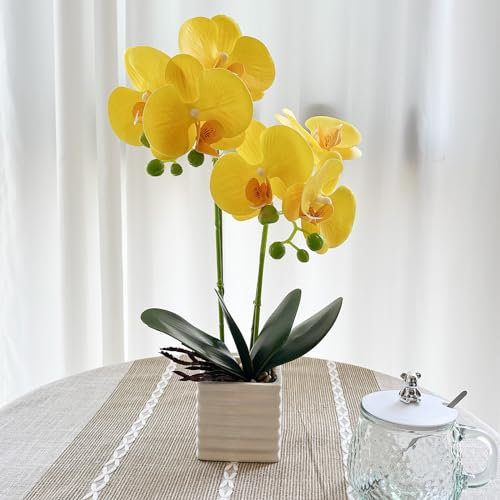 LZTDRZH Artificial Orchids for Home Decor Indoor with Vase Orchids Artificial Flowers Yellow Orchid Height 14 inches