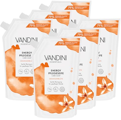 VANDINI 6x Energy Seife Nachfüllbeutel mit Orangenblüte Duft 500ml - Made in Germany Flüssigseife Nachfüllbeutel vegan - Handseife Nachfüllbeutel reinigt sanft - Liquid hand soap refill