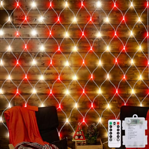 Battery Operated Christmas Red & White Net Lights, 5ft x 5ft 100 LED Net Fairy Lights 8 Modes Remote Timer Dimmable Garden Patio Mesh Lighting for Bush Deck Fence Wall Party Wedding Christmas